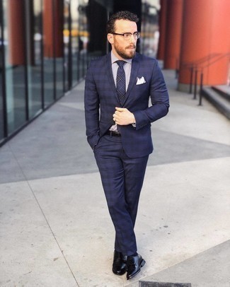 Navy Gingham Suit Outfits: You're looking at the solid proof that a navy gingham suit and a white and navy check dress shirt look amazing when you pair them together in a polished look for today's man. As for footwear, introduce a pair of black leather double monks to the equation.
