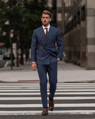 Brown Tie Outfits For Men: This combination of a navy suit and a brown tie resonates sophistication and versatility. A trendy pair of brown leather double monks is an effective way to bring a touch of stylish casualness to your outfit.