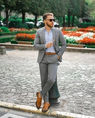 Tobacco Leather Belt Outfits For Men: This casual combination of a grey suit and a tobacco leather belt is very easy to put together without a second thought, helping you look amazing and ready for anything without spending too much time rummaging through your closet. If you wish to immediately class up this getup with one item, introduce tobacco leather double monks to your look.