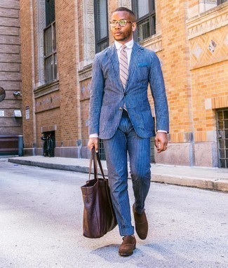 Men's Blue Vertical Striped Suit, White Dress Shirt, Brown Suede Double Monks, Dark Brown Leather Tote Bag