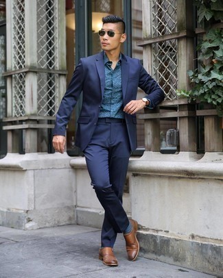 Blue Print Dress Shirt Outfits For Men: A blue print dress shirt and a navy suit are absolute essentials if you're figuring out a stylish wardrobe that matches up to the highest sartorial standards. Add a pair of brown leather double monks to this ensemble et voila, this ensemble is complete.