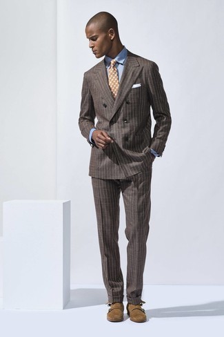 Brown Suede Double Monks Outfits: A dark brown vertical striped suit looks so polished when paired with a light blue dress shirt in a modern man's getup. The whole getup comes together really well if you complement this look with a pair of brown suede double monks.
