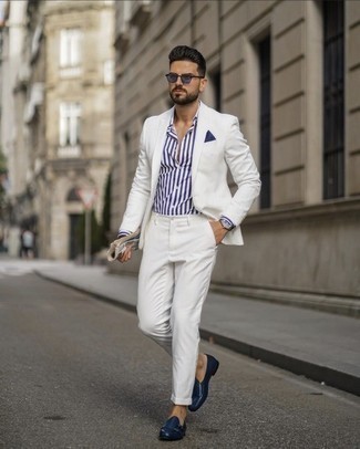 Blue Sunglasses Outfits For Men: Go for a white suit and blue sunglasses to achieve an interesting and modern-looking casual outfit. Finishing off with navy leather double monks is a guaranteed way to inject an added touch of style into your look.