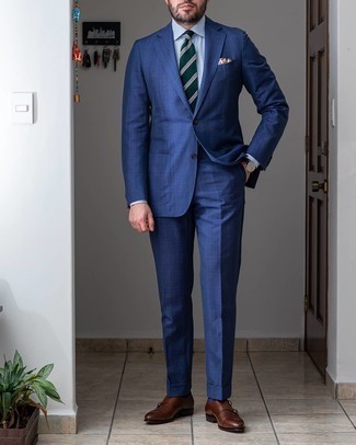 Navy Plaid Suit Outfits: A navy plaid suit and a light blue dress shirt are definitely worth being on your list of wardrobe staples. When it comes to shoes, this ensemble is rounded off nicely with dark brown leather double monks.