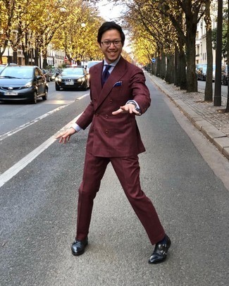 Burgundy Check Suit Outfits: This is undeniable proof that a burgundy check suit and a light blue dress shirt are amazing when paired together in an elegant outfit for today's guy. Feeling experimental today? Break up your look by sporting a pair of black leather double monks.
