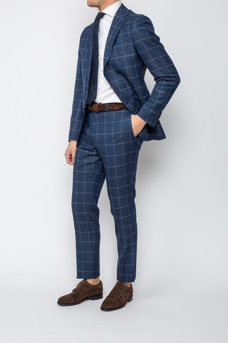 Dark Brown Suede Belt Outfits For Men: This pairing of a navy check suit and a dark brown suede belt delivers comfort and off-duty dapperness. Dark brown suede double monks will give a more sophisticated twist to an otherwise too-common getup.
