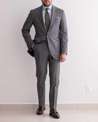 Beige Print Pocket Square Outfits: Master casual menswear by wearing a grey suit and a beige print pocket square. You could perhaps get a bit experimental in the footwear department and add dark brown leather double monks to the equation.