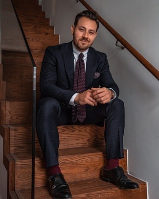 Red Socks Outfits For Men: A black plaid suit and red socks are a great outfit to add to your day-to-day casual repertoire. Add black leather double monks to the equation for an instant style fix.