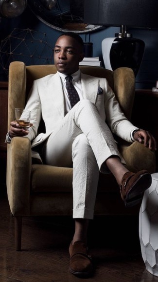 Tobacco Tie Outfits For Men: Consider wearing a white seersucker suit and a tobacco tie for manly sophistication with a twist. Feel uninspired with this ensemble? Let a pair of dark brown suede double monks change things up a bit.