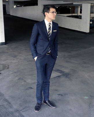 Navy Horizontal Striped Tie Outfits For Men: Combining a navy suit and a navy horizontal striped tie will create a refined, rugged silhouette. And if you wish to immediately tone down your look with shoes, why not complement this outfit with navy leather double monks?