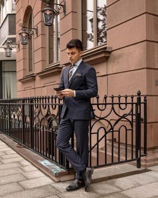 Dark Brown Pocket Square Outfits: A navy check suit looks so nice when worn with a dark brown pocket square. For a dressier aesthetic, why not complete your ensemble with black leather double monks?