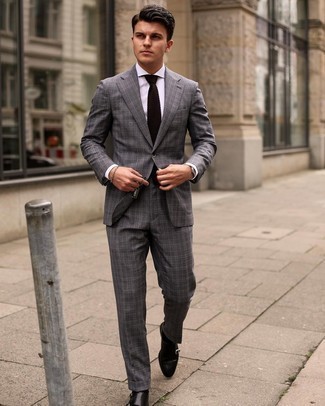 Black Leather Double Monks Outfits: This combination of a charcoal plaid suit and a white dress shirt speaks polish and class. When in doubt about what to wear in the shoe department, stick to black leather double monks.
