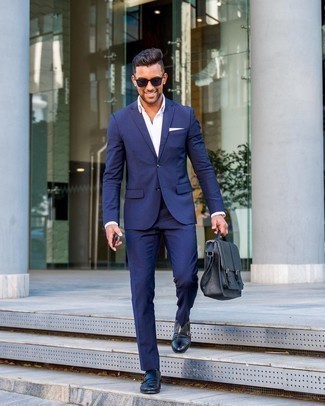 Navy Leather Monks Outfits: Consider pairing a navy suit with a white dress shirt to look like a modern gentleman with a good deal of class. If you want to easily dress down your look with one item, why not complete this look with a pair of navy leather monks?