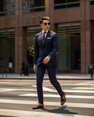 Tobacco Knit Tie Outfits For Men: We're loving how this combo of a navy suit and a tobacco knit tie instantly makes a man look sophisticated and smart. You can stick to a more casual route in the footwear department with brown leather double monks.