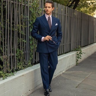 Navy Vertical Striped Suit Outfits: This ensemble demonstrates that it is totally worth investing in such timeless menswear pieces as a navy vertical striped suit and a pink vertical striped dress shirt. This getup is completed wonderfully with a pair of navy leather double monks.