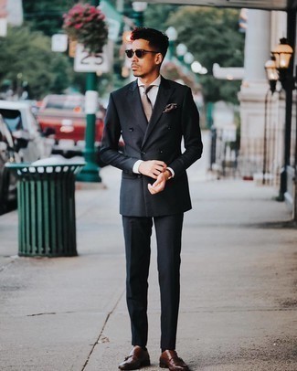 Double Monks Outfits: Consider teaming a black suit with a grey vertical striped dress shirt and you'll be the epitome of elegance. Let your sartorial savvy really shine by rounding off this getup with a pair of double monks.