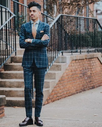 Orange Print Tie Outfits For Men: You'll be amazed at how easy it is to throw together this polished outfit. Just a navy check suit paired with an orange print tie. If you need to easily play down this look with one piece, why not rock a pair of burgundy leather double monks?