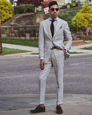 Grey Plaid Suit Outfits: Combining a grey plaid suit and a grey vertical striped dress shirt is a fail-safe way to inject sophistication into your styling lineup. This ensemble is finished off nicely with a pair of dark brown suede double monks.