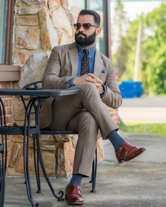 Blue Chambray Dress Shirt Outfits For Men: Reach for a blue chambray dress shirt and a brown suit for a proper refined outfit. Bring a more casual aesthetic to by rounding off with dark brown leather double monks.