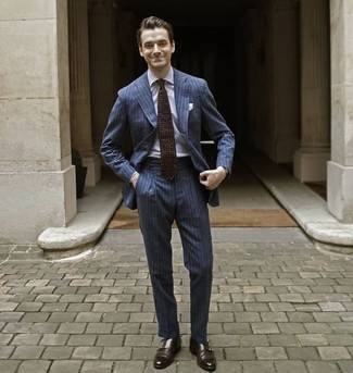 Dark Brown Polka Dot Tie Warm Weather Outfits For Men: Pairing a navy vertical striped suit with a dark brown polka dot tie is a smart choice for a stylish and classy ensemble. When this getup looks all-too-perfect, tone it down by finishing with a pair of dark brown leather double monks.