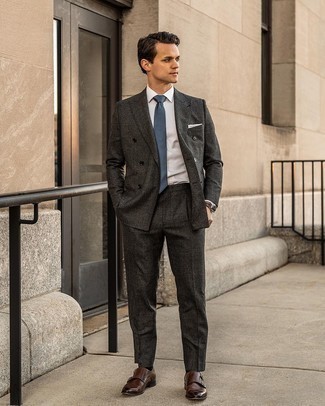 Double Monks Outfits: This combo of a charcoal wool suit and a white dress shirt is really dapper and creates instant appeal. Double monks add edginess to an otherwise mostly dressed-up ensemble.