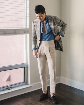 Dark Brown Suede Tassel Loafers Outfits: A grey plaid suit and beige linen dress pants are robust sartorial weapons in any gent's sartorial collection. Upgrade your outfit with dark brown suede tassel loafers.