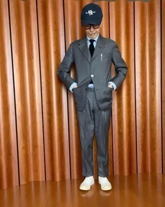 Men's Charcoal Suit, Light Blue Gingham Dress Shirt, White Canvas High Top Sneakers, Navy and White Print Baseball Cap
