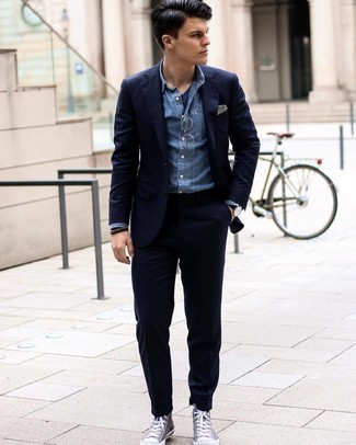 Men's Navy Suit, Blue Chambray Dress Shirt, Grey Canvas High Top Sneakers, Grey Pocket Square