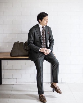 Men's Charcoal Wool Suit, White Dress Shirt, Dark Brown Fringe Leather Loafers, Dark Brown Leather Tote Bag