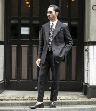 Men's Charcoal Suit, White and Black Vertical Striped Dress Shirt, Black Leather Loafers, Black Print Tie