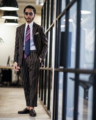 Purple Horizontal Striped Tie Outfits For Men: This outfit proves it pays to invest in such timeless menswear pieces as a dark brown vertical striped suit and a purple horizontal striped tie. Kick up the appeal of your outfit by sporting black leather loafers.