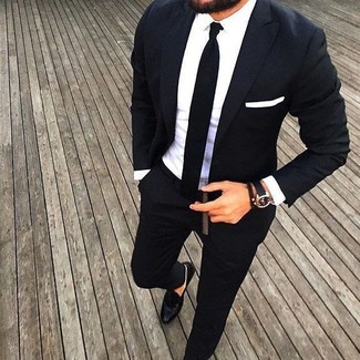 Black Tie Dressy Warm Weather Outfits For Men: To look like a proper gent, wear a black suit with a black tie. Feeling bold today? Spice up your look by slipping into a pair of black leather loafers.