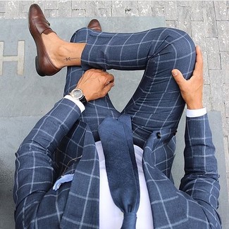 Navy Check Suit Outfits: A navy check suit looks so elegant when worn with a white dress shirt for an outfit worthy of a true gentleman. If you're wondering how to round off, complete this look with a pair of brown leather loafers.