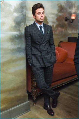 Charcoal Plaid Suit Outfits: Putting together a charcoal plaid suit with a light blue dress shirt is a good idea for a stylish and elegant outfit. Complement this look with a pair of burgundy leather loafers and you're all done and looking dashing.