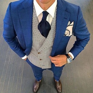 Navy Check Suit Outfits: Opt for a navy check suit and a white dress shirt and you're bound to make an entrance. When in doubt as to what to wear when it comes to footwear, go with dark brown leather loafers.