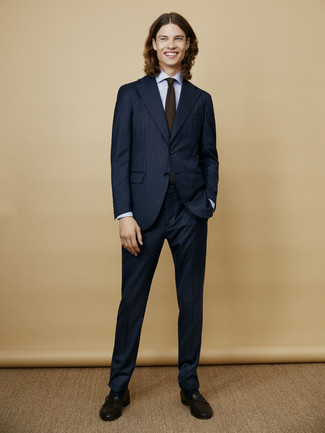 Olive Tie Outfits For Men: A navy vertical striped suit and an olive tie are absolute staples if you're putting together a smart wardrobe that matches up to the highest sartorial standards. A nice pair of black leather loafers is the simplest way to inject a dash of stylish casualness into this ensemble.