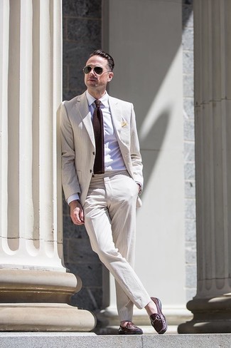 Beige Seersucker Suit Outfits: Choose a beige seersucker suit and a white dress shirt if you're aiming for a proper, stylish outfit. Finishing with a pair of dark brown leather loafers is an effortless way to infuse a sense of stylish casualness into your ensemble.