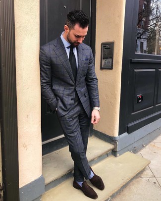 Light Blue Socks with Black Tie Outfits For Men: Irrefutable proof that a charcoal check suit and a black tie are awesome when paired together in a sophisticated look for a modern gent. Go for a pair of dark brown suede loafers to keep the look fresh.