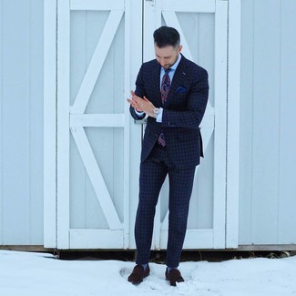 Navy Check Suit Outfits: This is indisputable proof that a navy check suit and a light blue dress shirt look amazing when matched together in a refined look for a modern guy. On the shoe front, this getup is complemented perfectly with dark brown suede loafers.