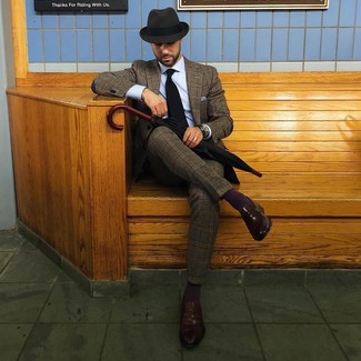 Men's Brown Plaid Wool Suit, Light Blue Dress Shirt, Dark Brown Leather Loafers, Charcoal Wool Hat