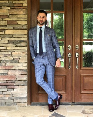 Navy and White Tie Outfits For Men: This pairing of a light blue plaid suit and a navy and white tie will add elegant essence to your look. Burgundy leather loafers are an effortless way to power up this getup.