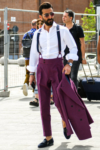 Navy Suspenders Outfits: Wear a purple suit with navy suspenders for a casual level of dress. For something more on the smart side to complement this outfit, add a pair of black fringe suede loafers to the equation.