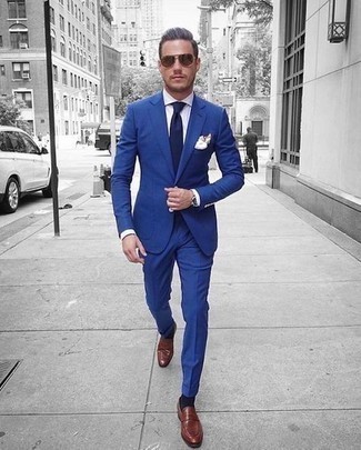 Blue Suit with Brown Loafers Outfits 