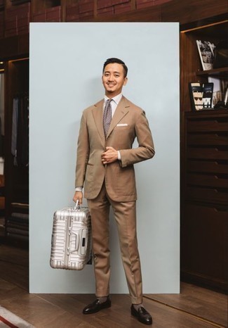 Men's Tan Suit, White Dress Shirt, Dark Brown Leather Loafers, Silver Suitcase