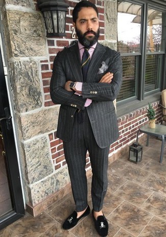 Grey Vertical Striped Suit Outfits: Marry a grey vertical striped suit with a pink dress shirt for a chic and sophisticated look. Let your styling chops really shine by finishing this getup with a pair of black velvet loafers.