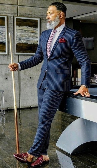Navy Pin Stripe Wool Two Button Suit With Flat Front Pants