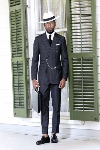 Grey Vertical Striped Suit Outfits: This pairing of a grey vertical striped suit and a white dress shirt resonates sophistication and class. If in doubt about what to wear on the footwear front, complement your ensemble with black leather loafers.