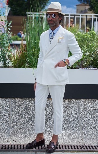 White Wool Hat Outfits For Men: This combo of a white suit and a white wool hat delivers comfort and efficiency and helps keep it low profile yet modern. And if you need to immediately smarten up this look with one single piece, why not complement this look with dark purple leather loafers?