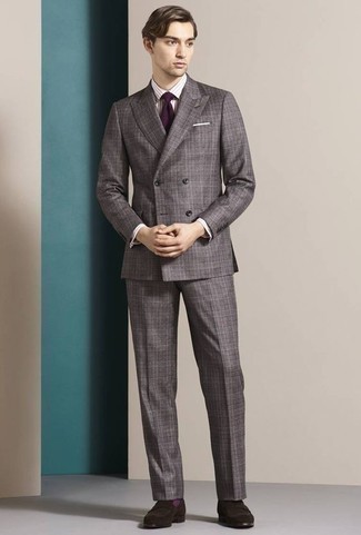 Men's Grey Plaid Suit, White Vertical Striped Dress Shirt, Dark Brown Suede Loafers, Dark Purple Tie
