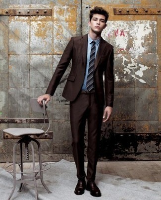 Men's Dark Brown Suit, Light Blue Dress Shirt, Dark Brown Leather Loafers, Grey Horizontal Striped Tie